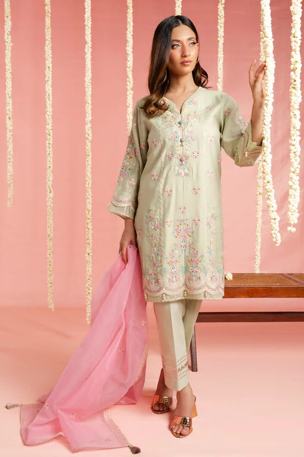 Mint organza and lawn suit with embroidered details – view 1 – Poshaq