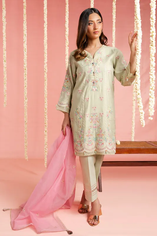 Mint organza and lawn suit with embroidered details – view 1 – Poshaq