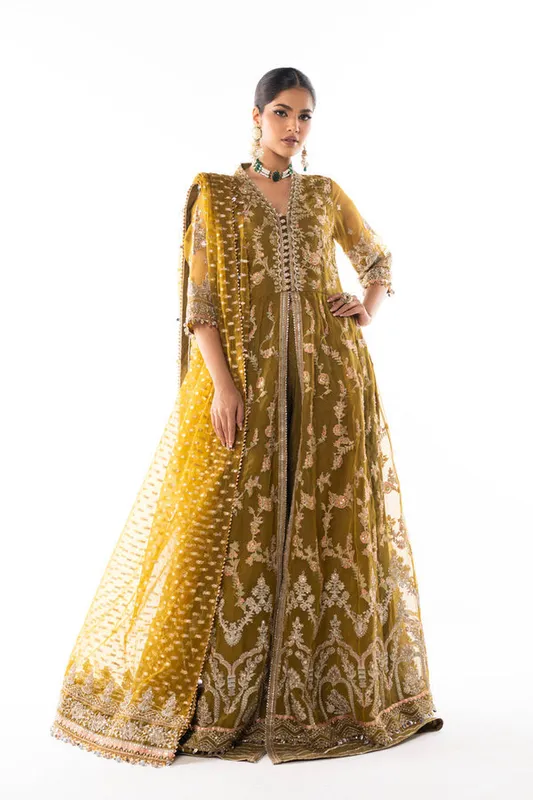 Dijon Yellow formal suit with embroidered shirt and organza dupatta – view 1 – Poshaq