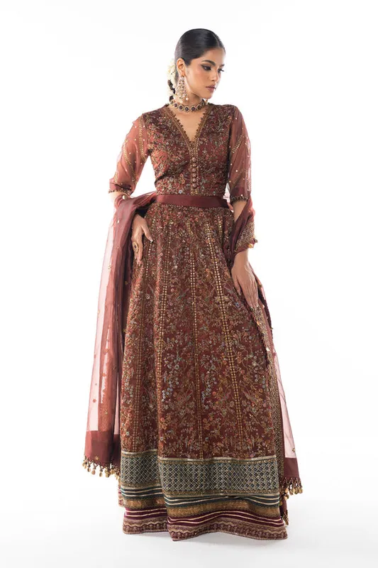 Rust brown formal three‑piece set with shirt, dupatta and trouser – view 1 – Poshaq