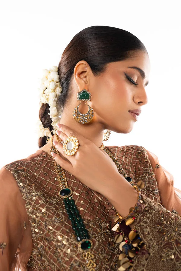 Brown formal suit with embroidered shirt and organza dupatta – view 3 – Poshaq