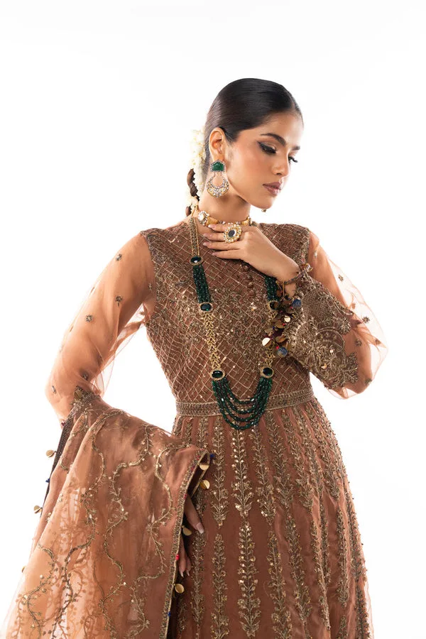 Brown formal suit with embroidered shirt and organza dupatta – view 4 – Poshaq