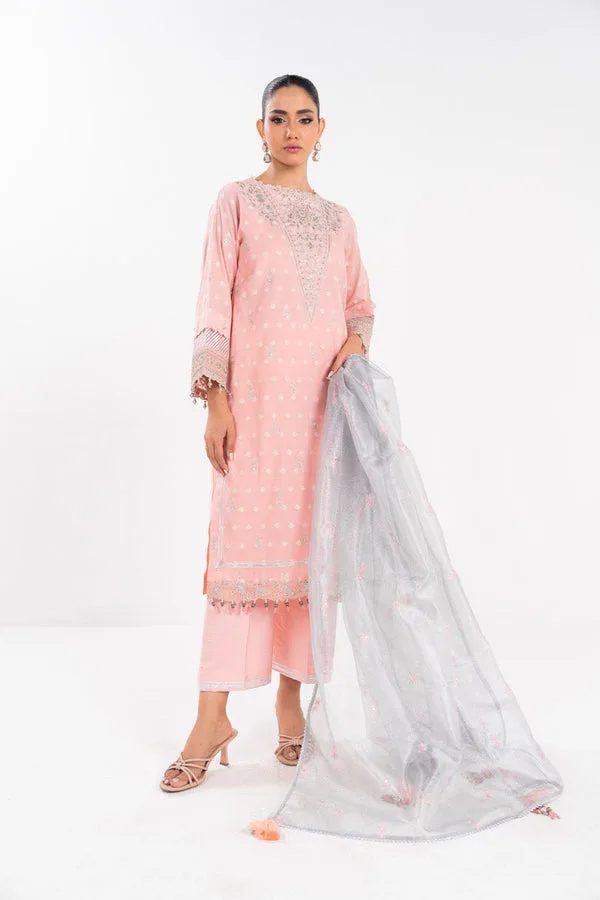 pink cotton silk long shirt with organza borders – view 1 – Poshaq