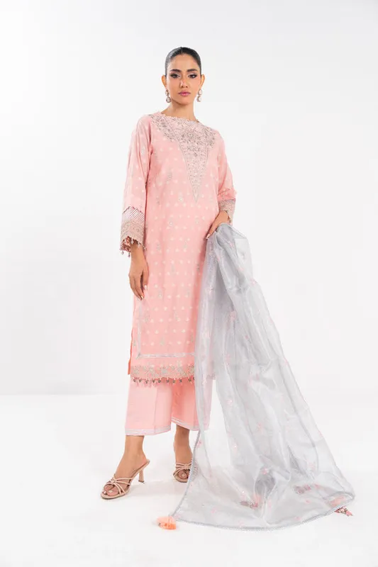 pink cotton silk long shirt with organza borders – view 1 – Poshaq