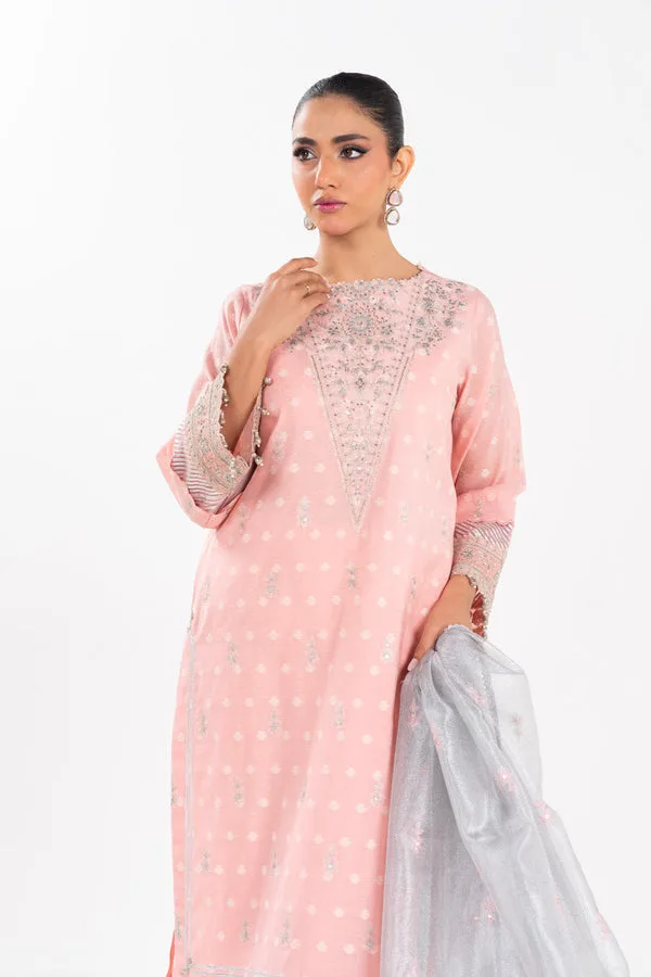 pink cotton silk long shirt with organza borders – view 4 – Poshaq