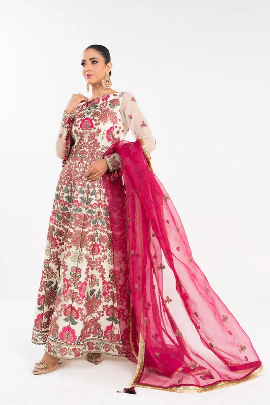 Cream formal set by Al Karam featuring cotton‑silk shirt, raw silk trousers and organza dupatta – view 1 – Poshaq