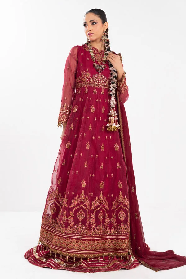Blood red three‑piece suit with embroidered kalli, cotton silk shirt, organza dupatta and raw silk t – view 1 – Poshaq
