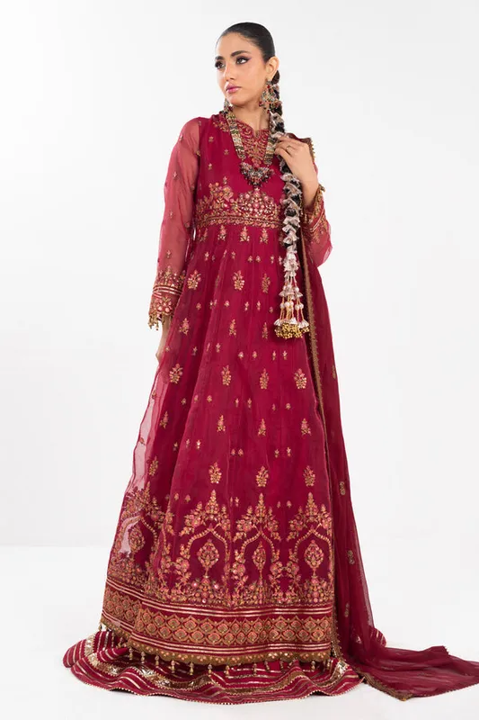 Blood red three‑piece suit with embroidered kalli, cotton silk shirt, organza dupatta and raw silk t – view 1 – Poshaq