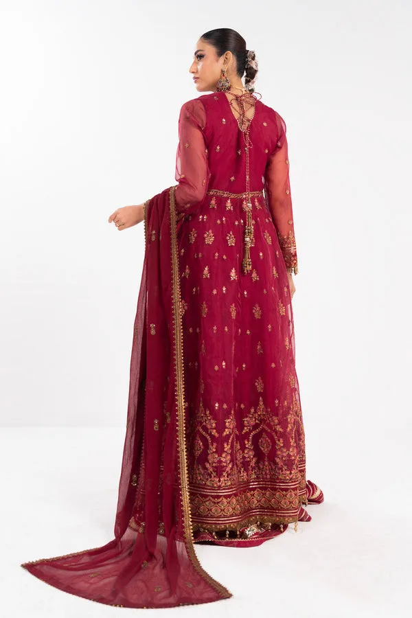 Blood red three‑piece suit with embroidered kalli, cotton silk shirt, organza dupatta and raw silk t – view 2 – Poshaq