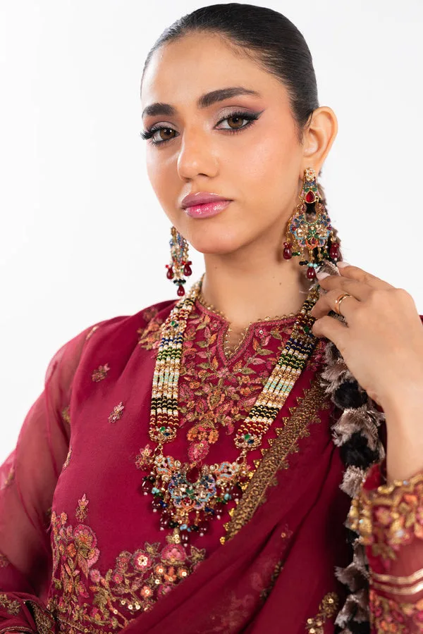 Blood red three‑piece suit with embroidered kalli, cotton silk shirt, organza dupatta and raw silk t – view 3 – Poshaq