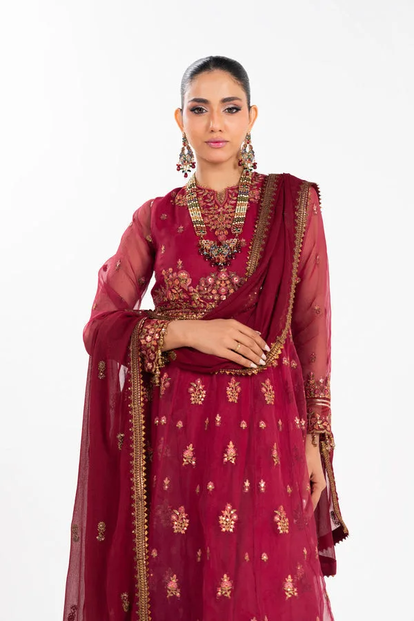 Blood red three‑piece suit with embroidered kalli, cotton silk shirt, organza dupatta and raw silk t – view 4 – Poshaq