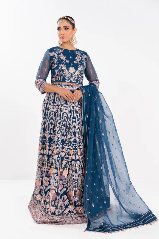 Teal blue formal ensemble featuring organza and silk detailing – view 1 – Poshaq
