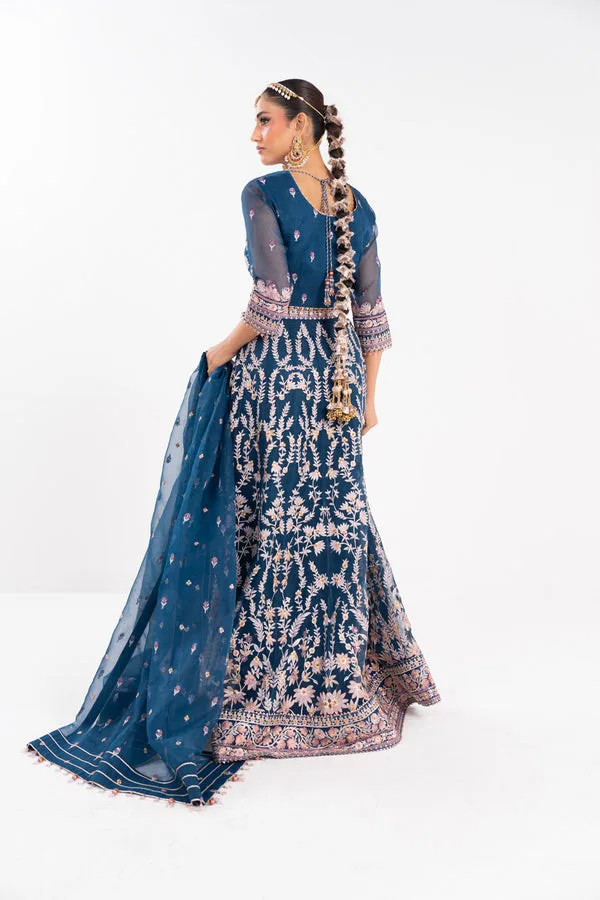 Teal blue formal ensemble featuring organza and silk detailing – view 2 – Poshaq