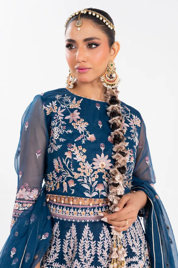 Teal blue formal ensemble featuring organza and silk detailing – view 3 – Poshaq