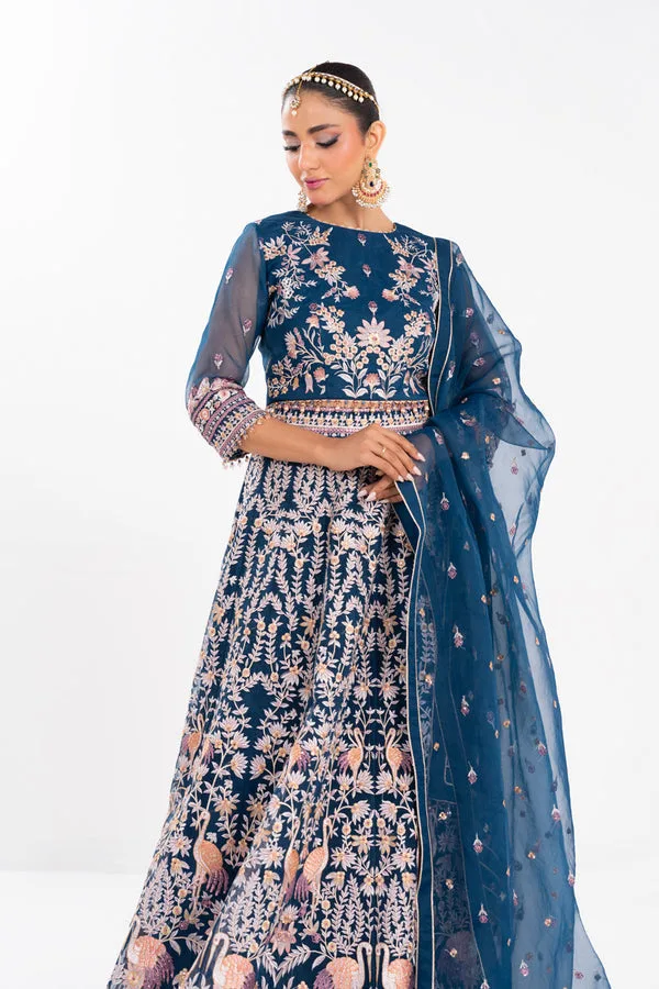Teal blue formal ensemble featuring organza and silk detailing – view 4 – Poshaq