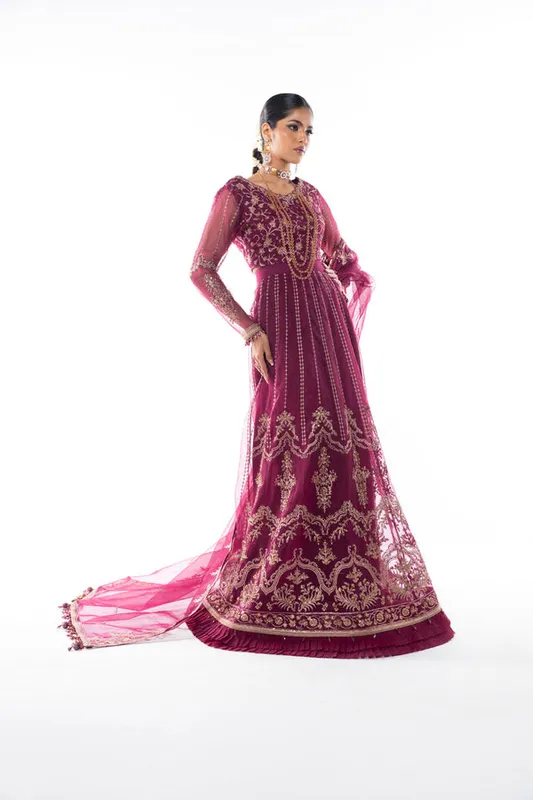 Cherry red three‑piece formal set with embroidered shirt, chiffon dupatta and raw silk trouser – view 1 – Poshaq