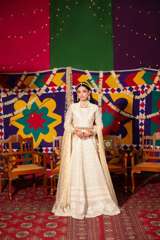 Ivory organza shirt with jacquard dupatta and raw silk trouser – view 1 – Poshaq