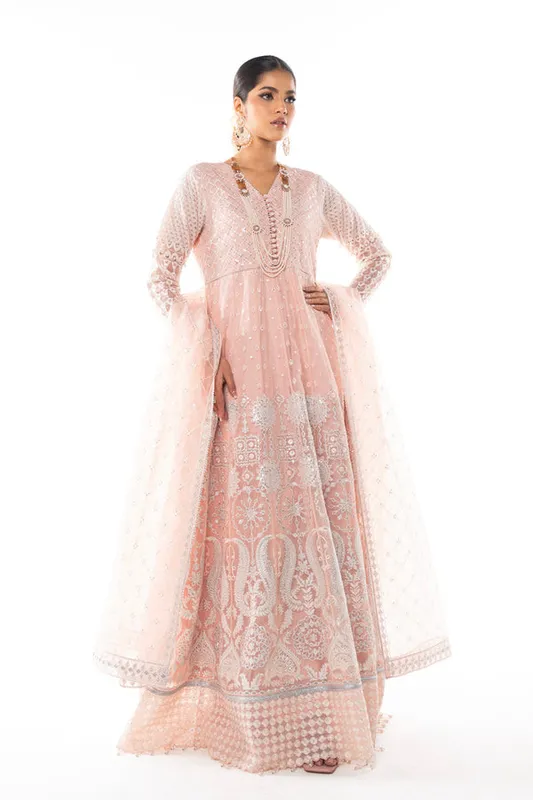 Tea pink three‑piece formal set with silk‑cotton shirt, organza dupatta and raw silk trousers – view 1 – Poshaq
