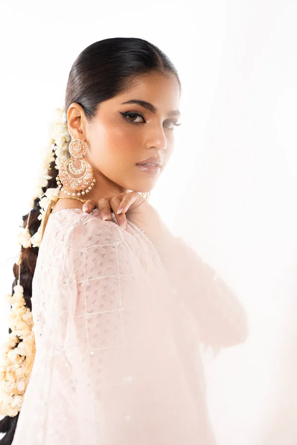 Tea pink three‑piece formal set with silk‑cotton shirt, organza dupatta and raw silk trousers – view 3 – Poshaq