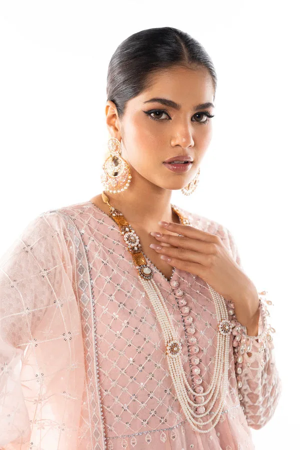 Tea pink three‑piece formal set with silk‑cotton shirt, organza dupatta and raw silk trousers – view 4 – Poshaq