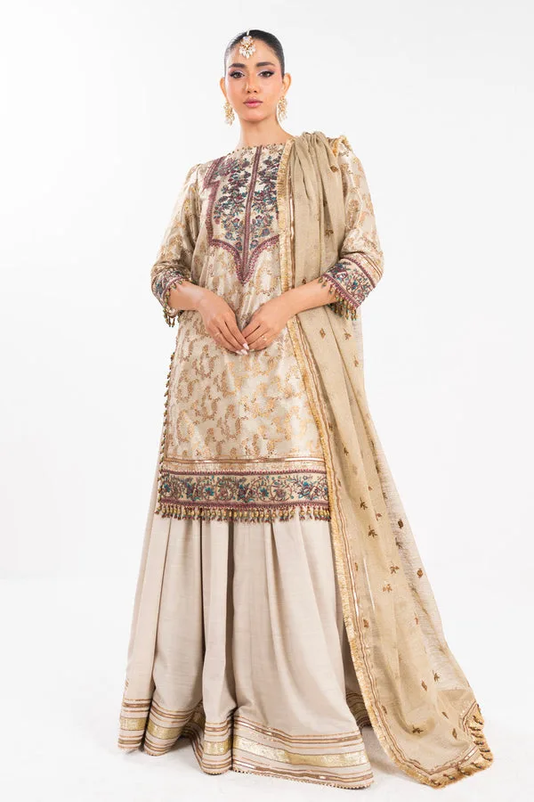 Silver gold three‑piece formal suit with shirt, dupatta and trouser – view 1 – Poshaq