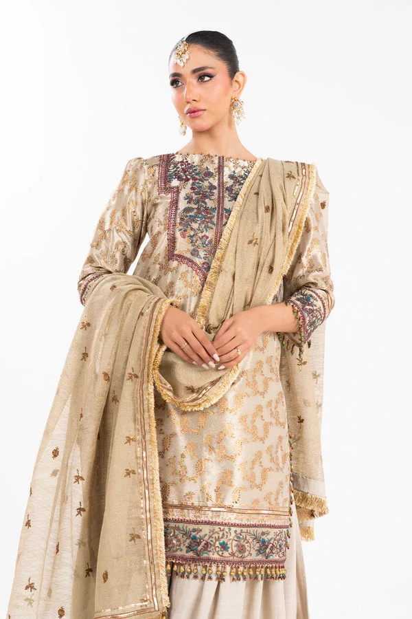 Silver gold three‑piece formal suit with shirt, dupatta and trouser – view 4 – Poshaq