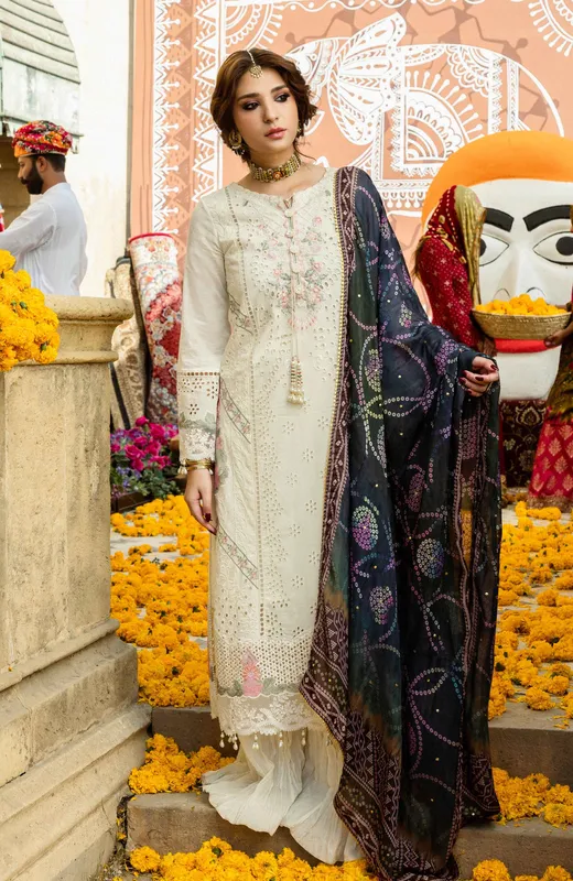 Ivory long shirt with organza daman and chikankari embroidery – view 1 – Poshaq