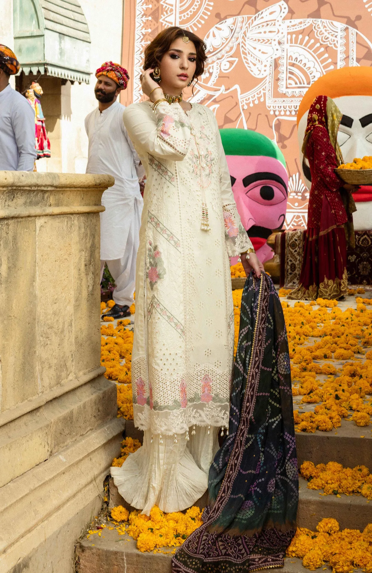 Ivory long shirt with organza daman and chikankari embroidery – view 4 – Poshaq