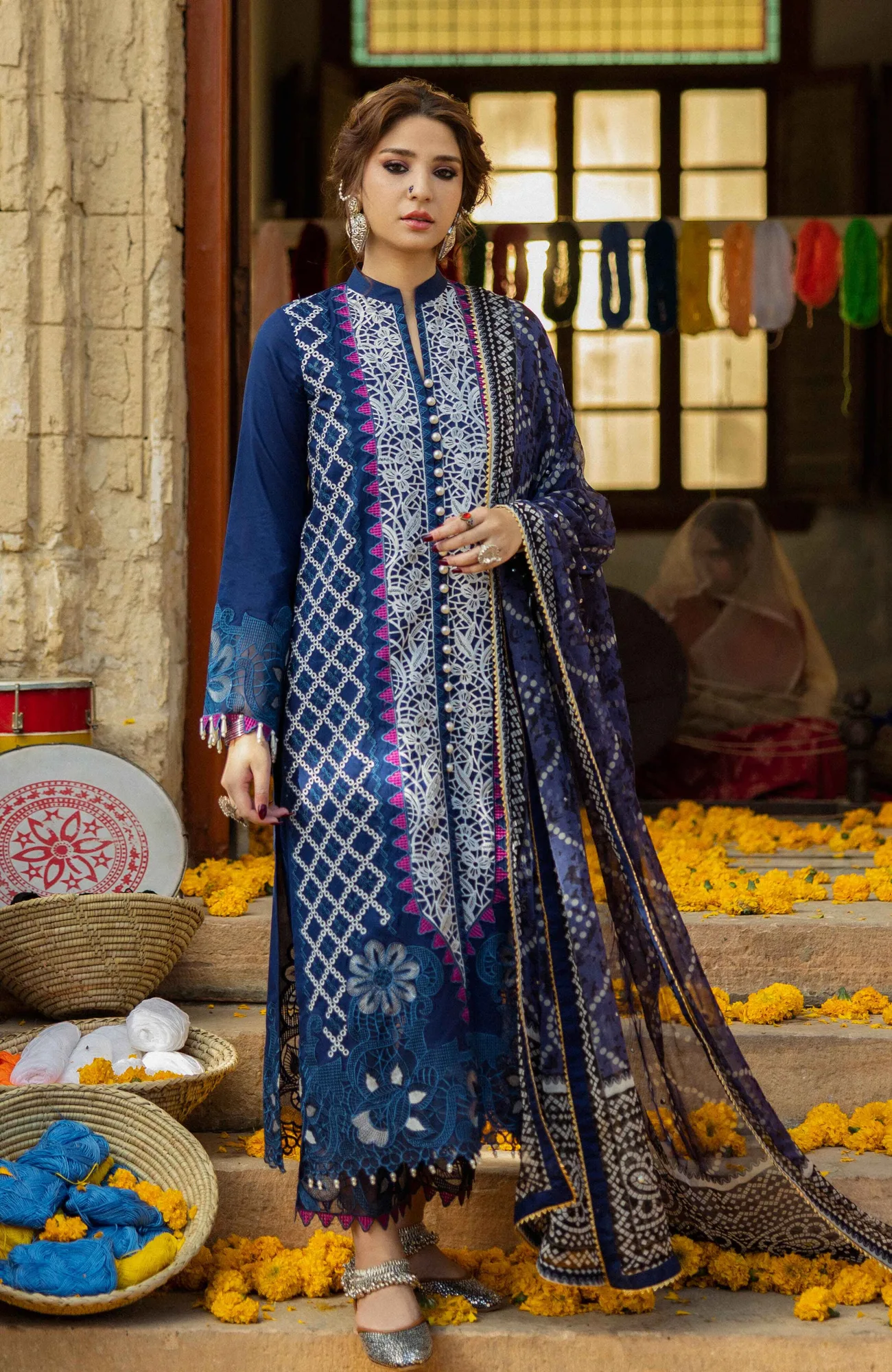 Navy organza long shirt with chikankari and sequins detailing – view 1 – Poshaq