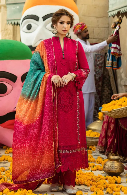 Carrot pink organza shirt with Chikankari embroidery, silk dupatta and cambric trouser – view 1 – Poshaq