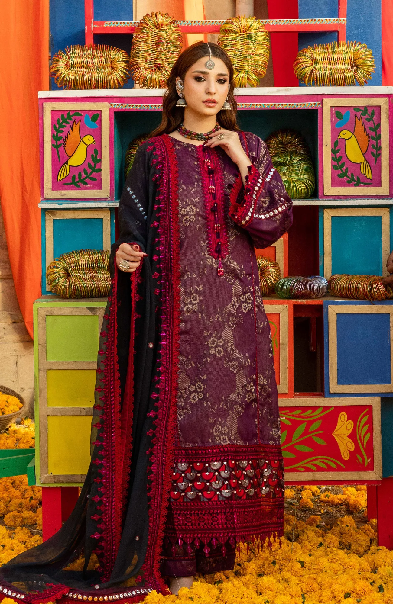 Maroon jacquard shirt with organza sequin accents and matching chiffon dupatta – view 1 – Poshaq