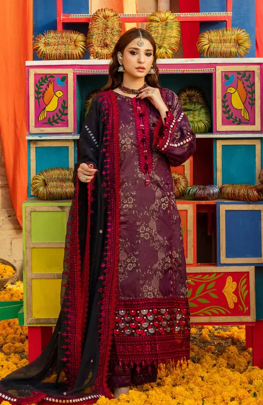 Maroon jacquard shirt with organza sequin accents and matching chiffon dupatta – view 1 – Poshaq