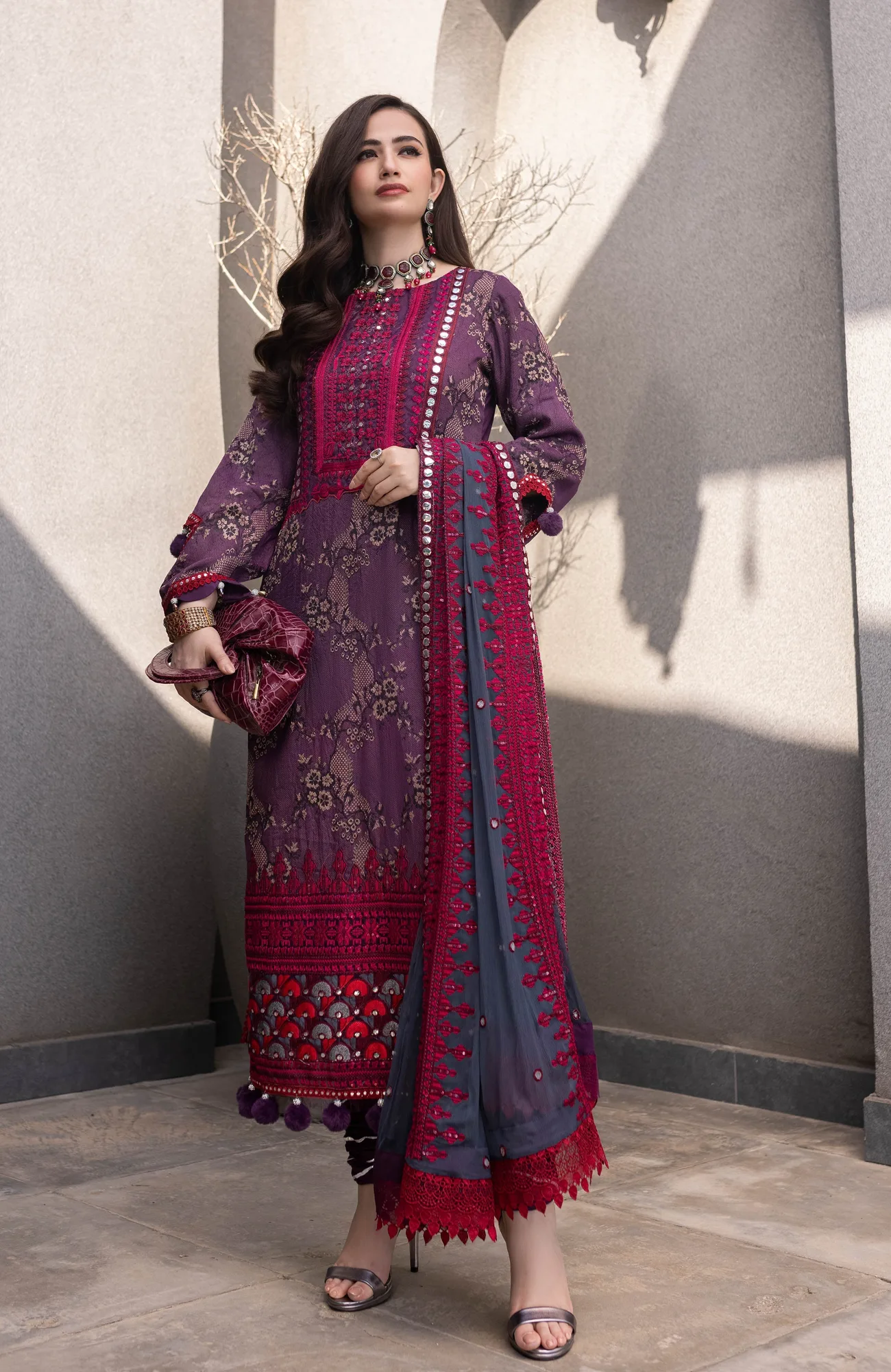 Maroon jacquard shirt with organza sequin accents and matching chiffon dupatta – view 4 – Poshaq