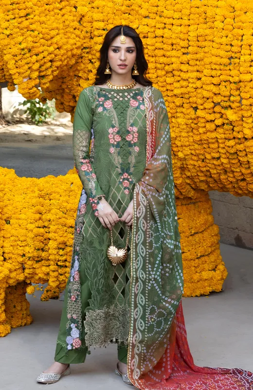 Olive green organza long shirt with sequin embroidery, chiffon dupatta and cambric trousers – view 1 – Poshaq