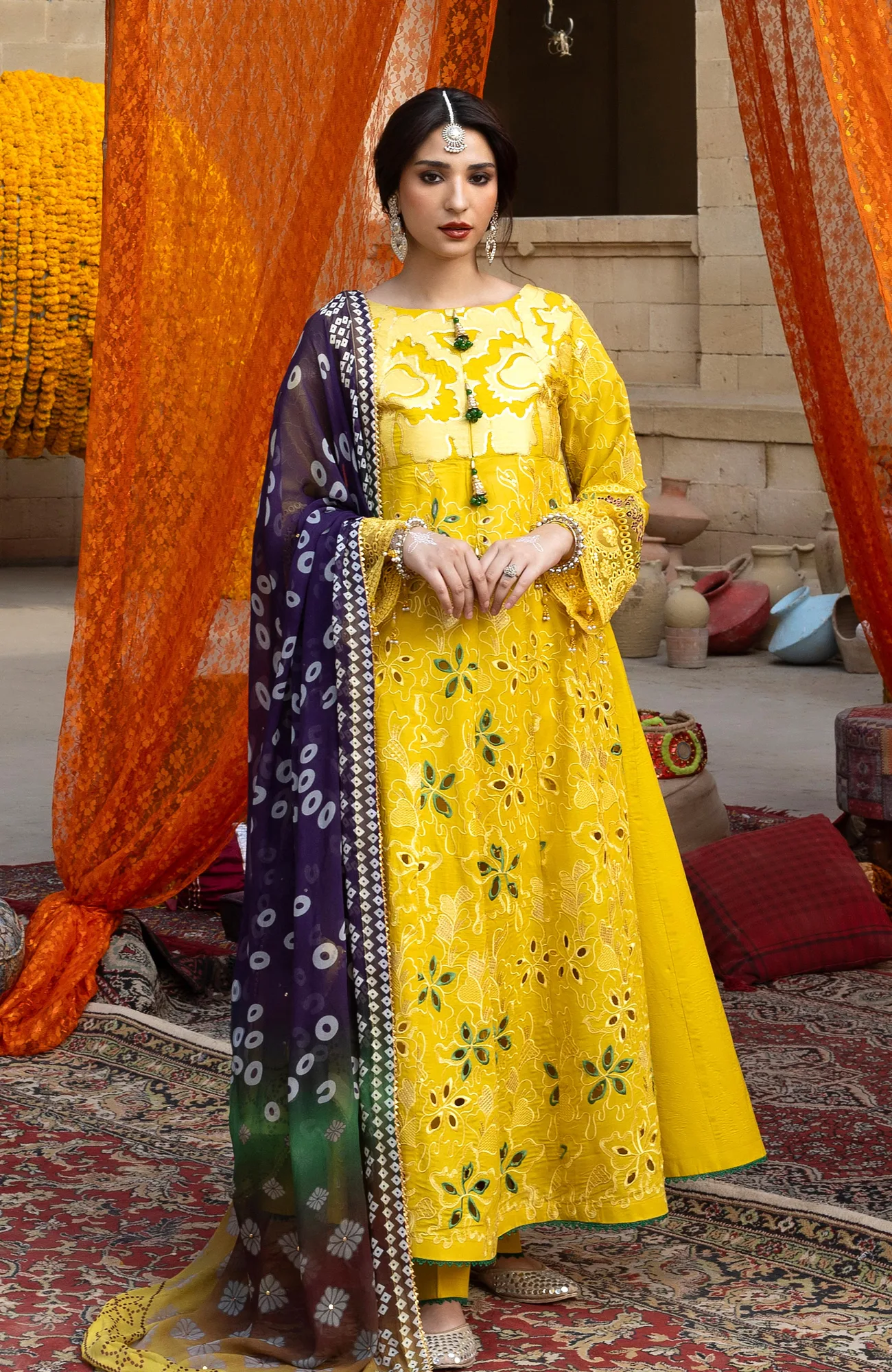 Lime yellow organza shirt with chikankari embroidery, chiffon dupatta and cambric trousers – view 1 – Poshaq