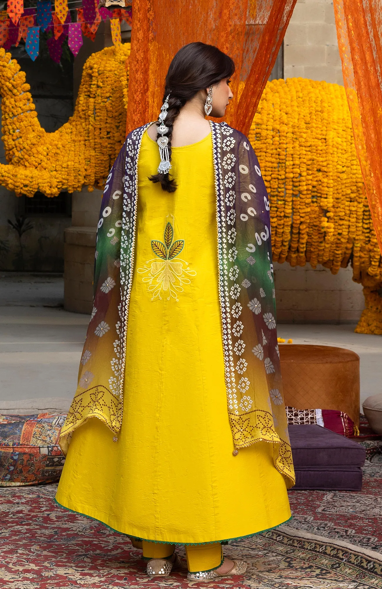 Lime yellow organza shirt with chikankari embroidery, chiffon dupatta and cambric trousers – view 2 – Poshaq