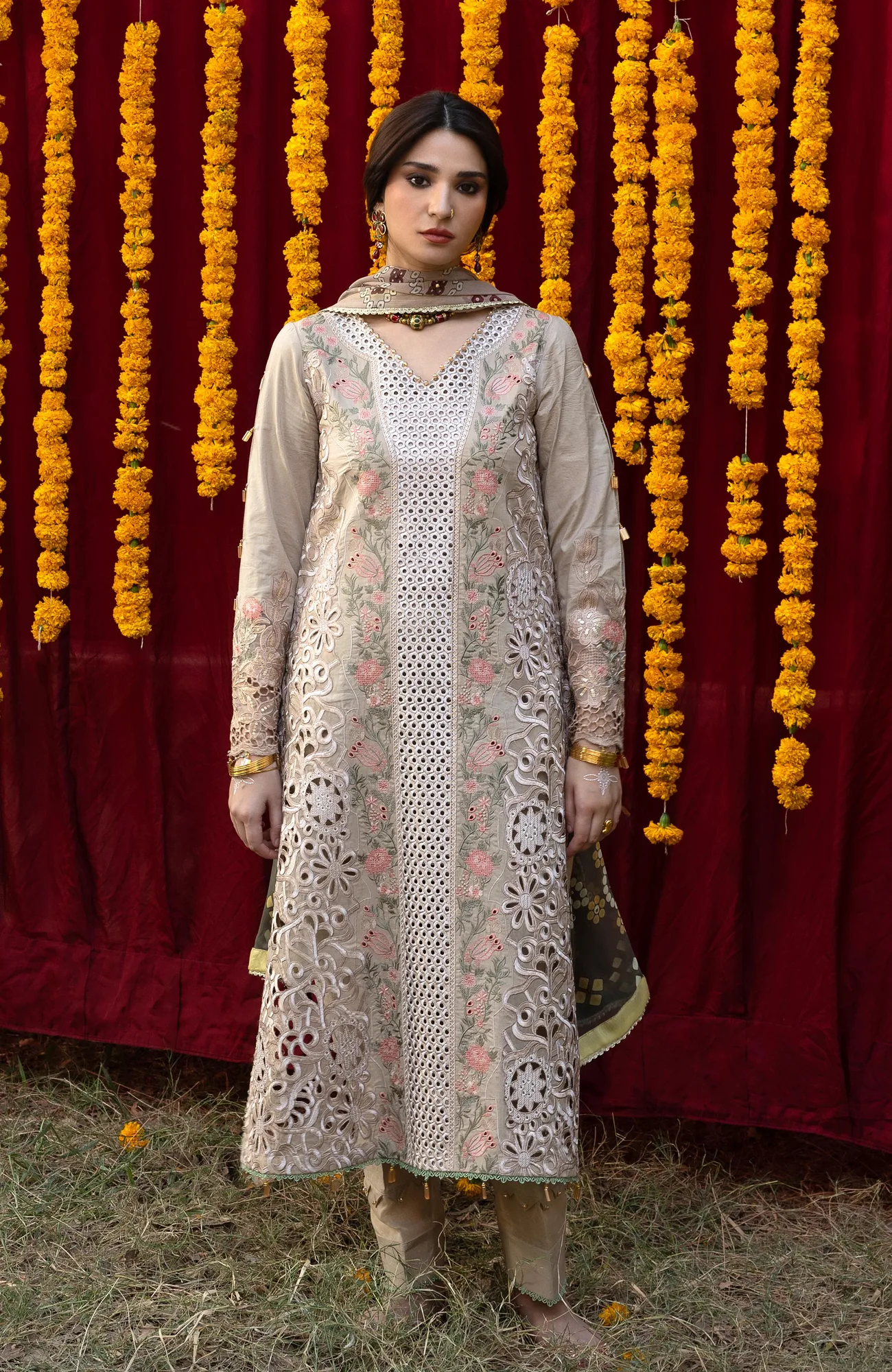 Beige chiffon long shirt with organza panels and Chikankari embroidery – view 1 – Poshaq