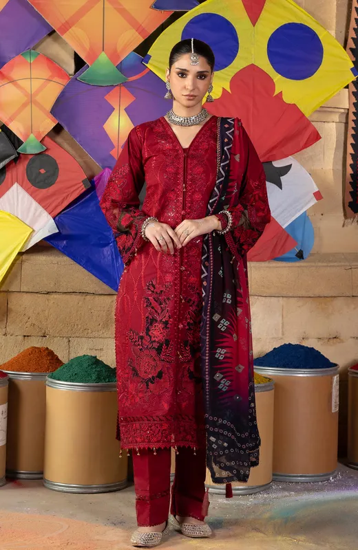 Maroon organza shirt with chiffon and cambric accents – view 1 – Poshaq