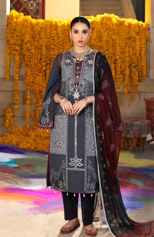 Charcoal gray long shirt with organza sleeves and chikankari embroidery – view 1 – Poshaq