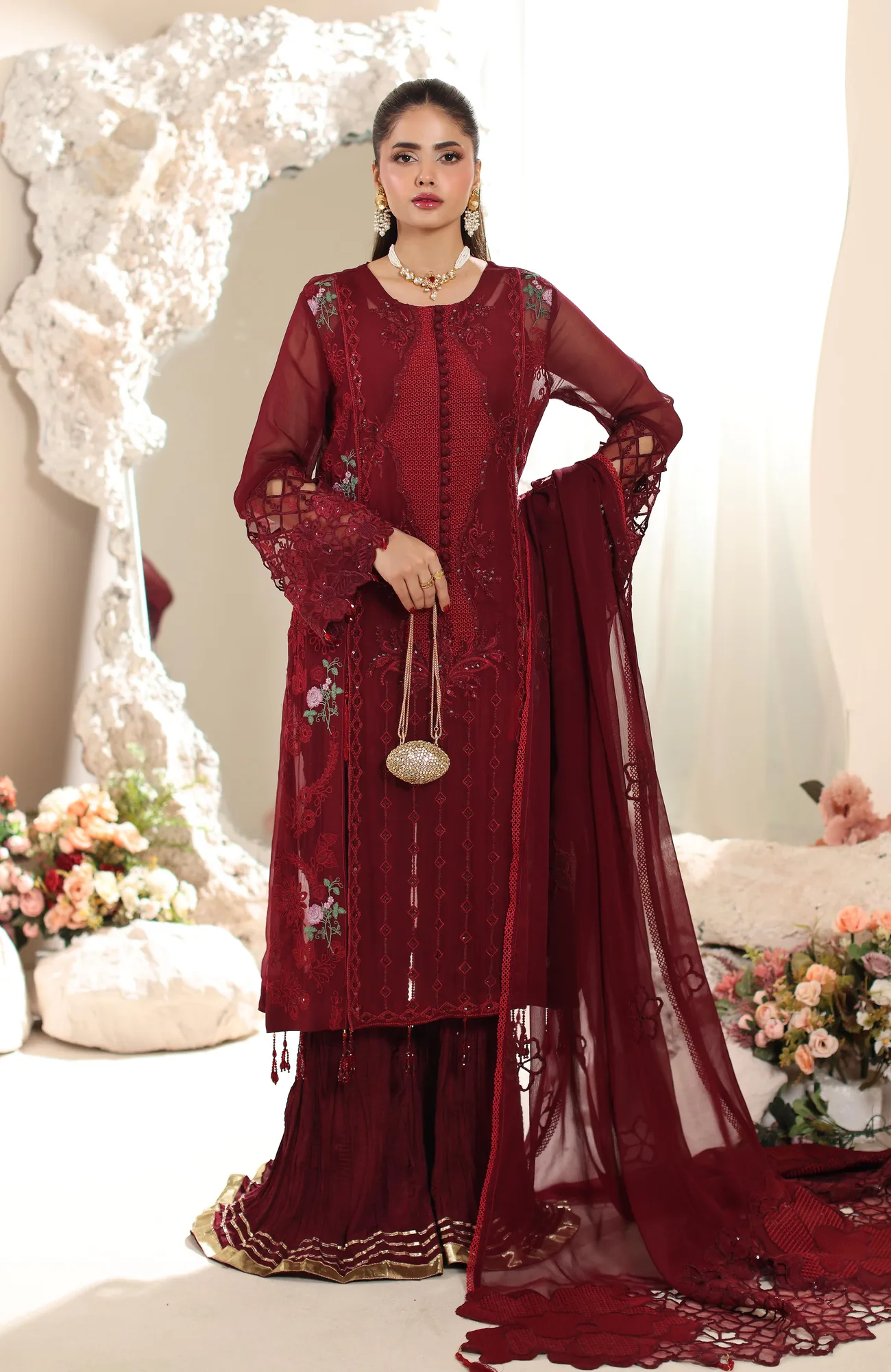Crimson formal suit with embroidered chiffon shirt and organza dupatta – view 1 – Poshaq