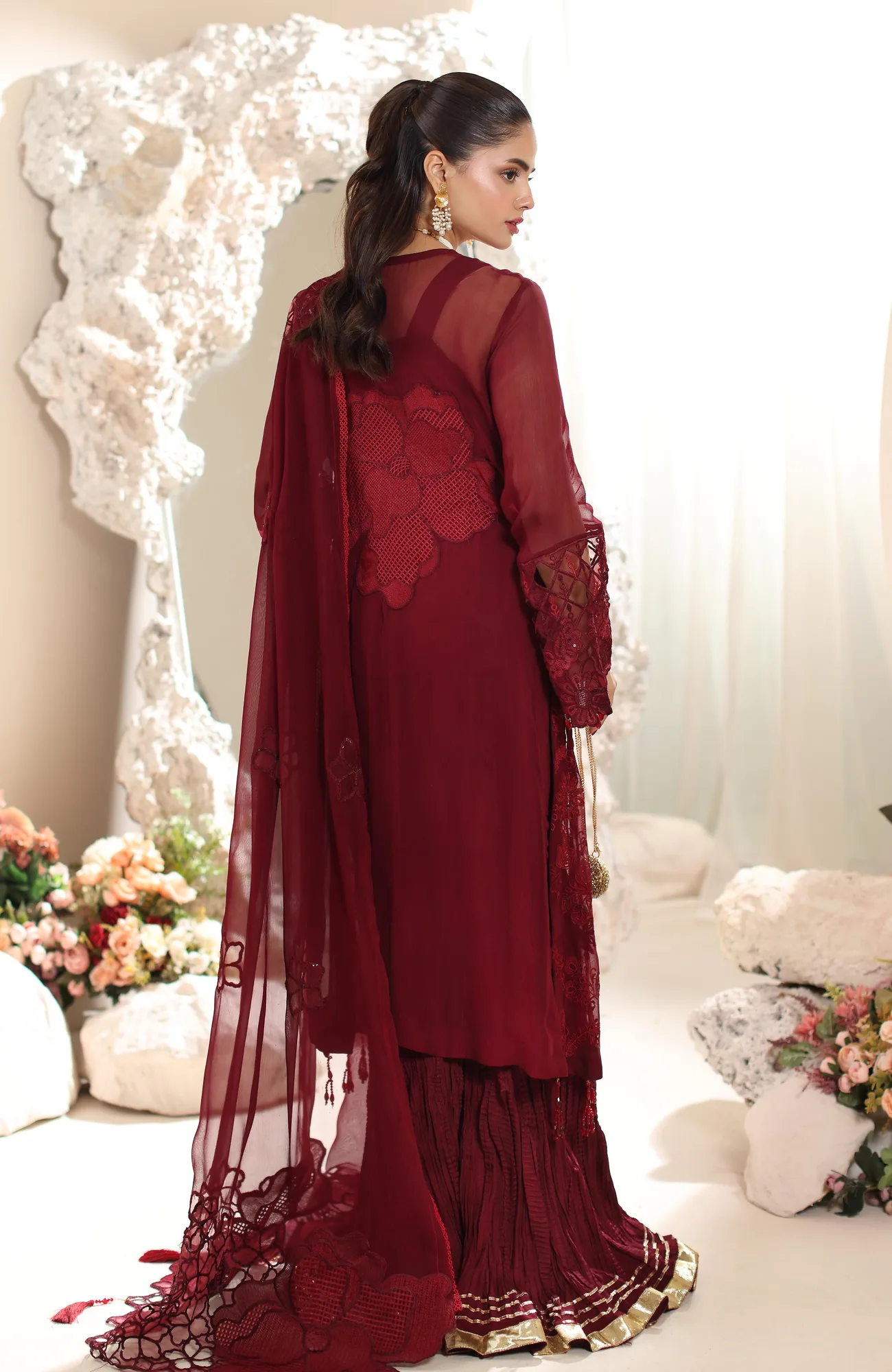 Crimson formal suit with embroidered chiffon shirt and organza dupatta – view 2 – Poshaq