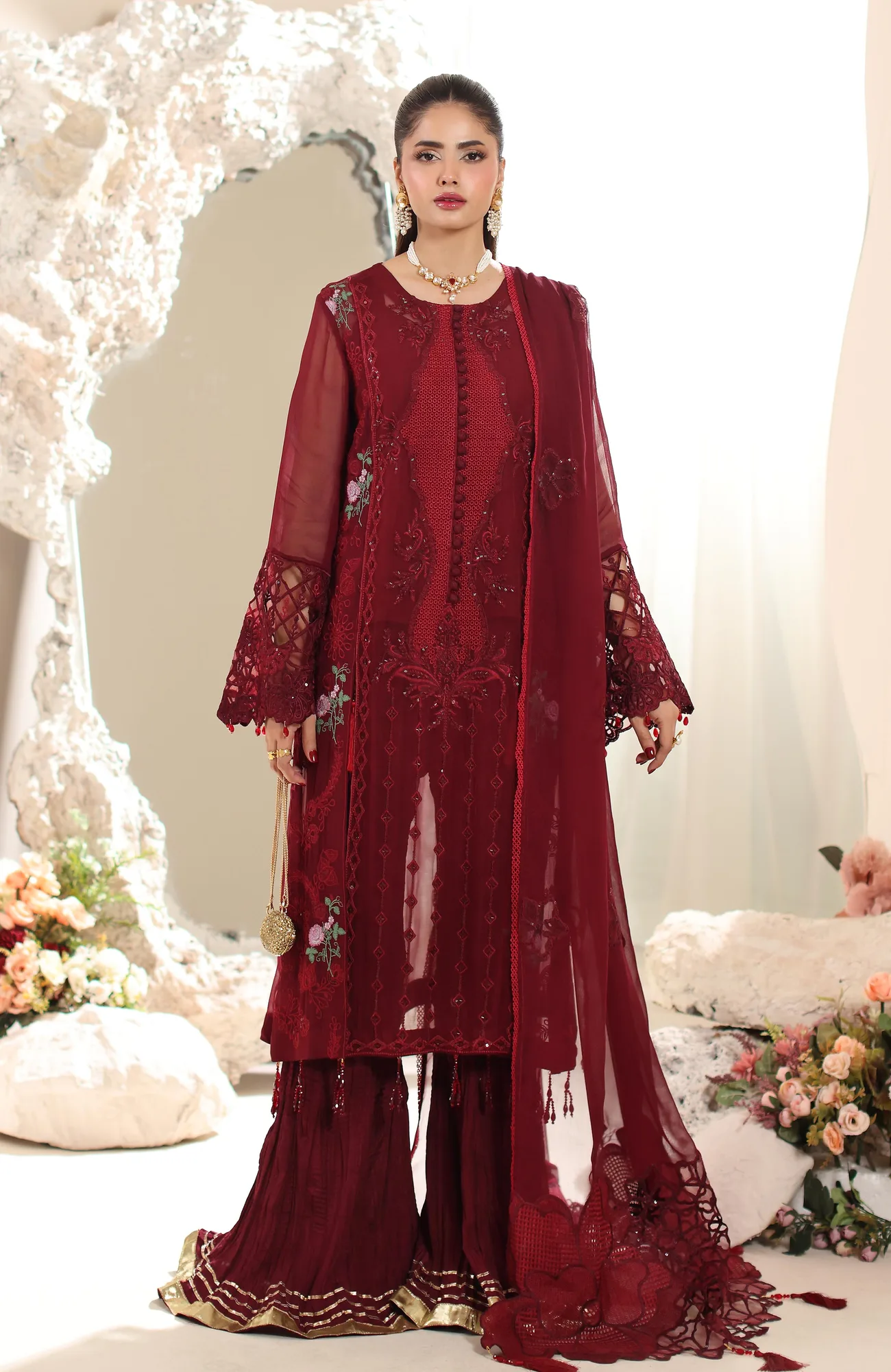 Crimson formal suit with embroidered chiffon shirt and organza dupatta – view 3 – Poshaq