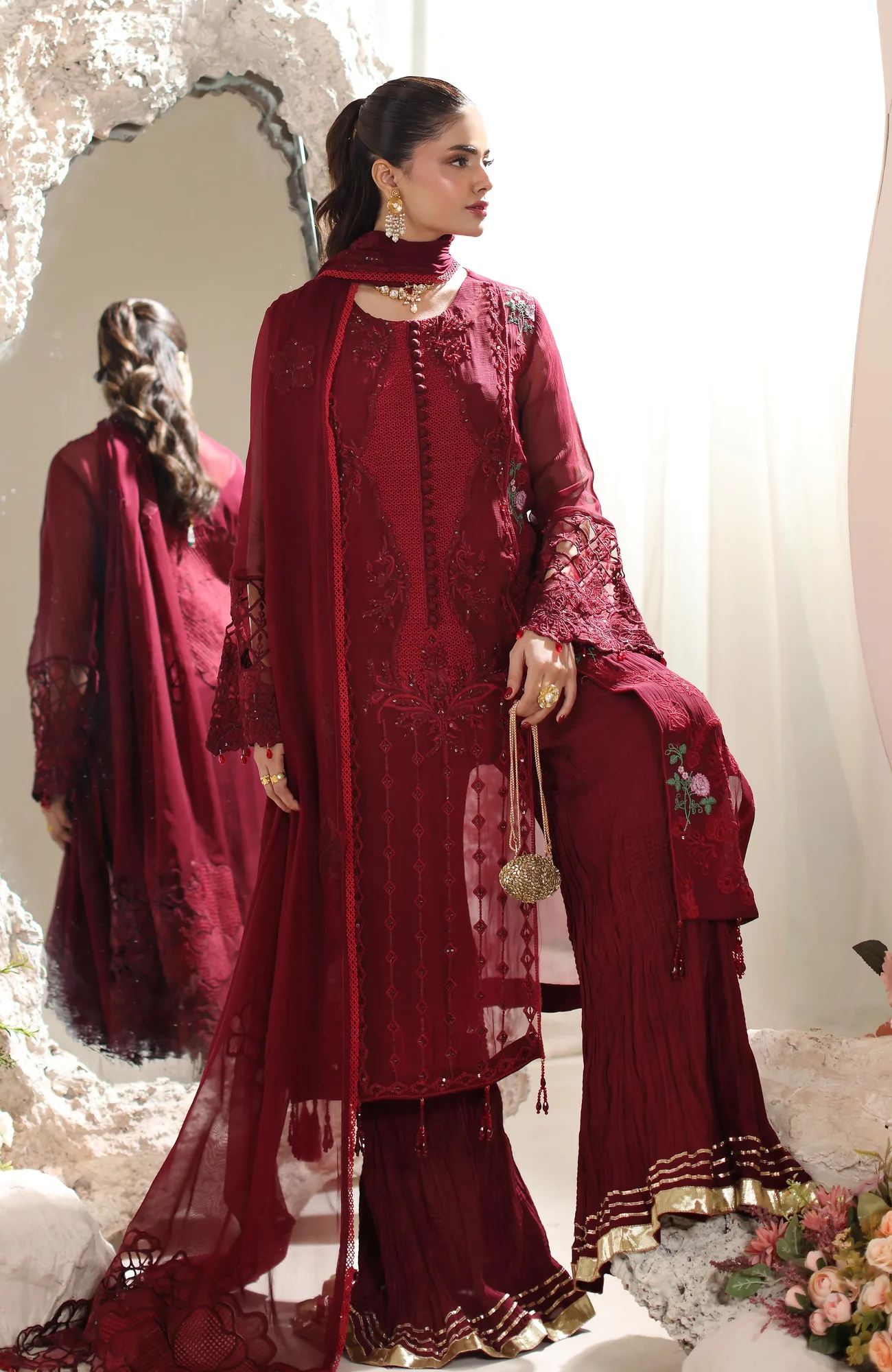 Crimson formal suit with embroidered chiffon shirt and organza dupatta – view 4 – Poshaq