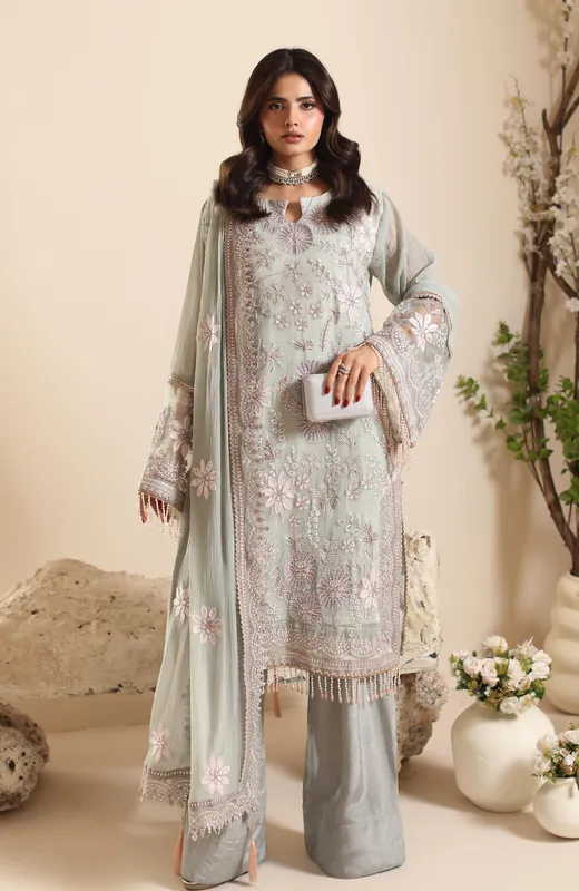 Pastel mint chiffon shirt with organza embroidery and chikankari detailing – view 1 – Poshaq