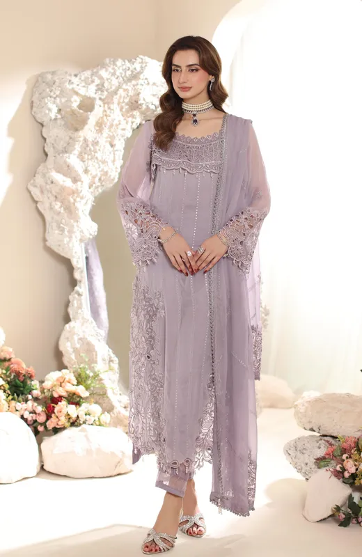 Lilac formal shirt with organza and chiffon embroidery – view 1 – Poshaq