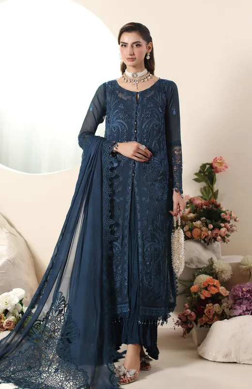 Midnight blue formal three‑piece set with silk trousers, chiffon shirt and organza dupatta – view 1 – Poshaq
