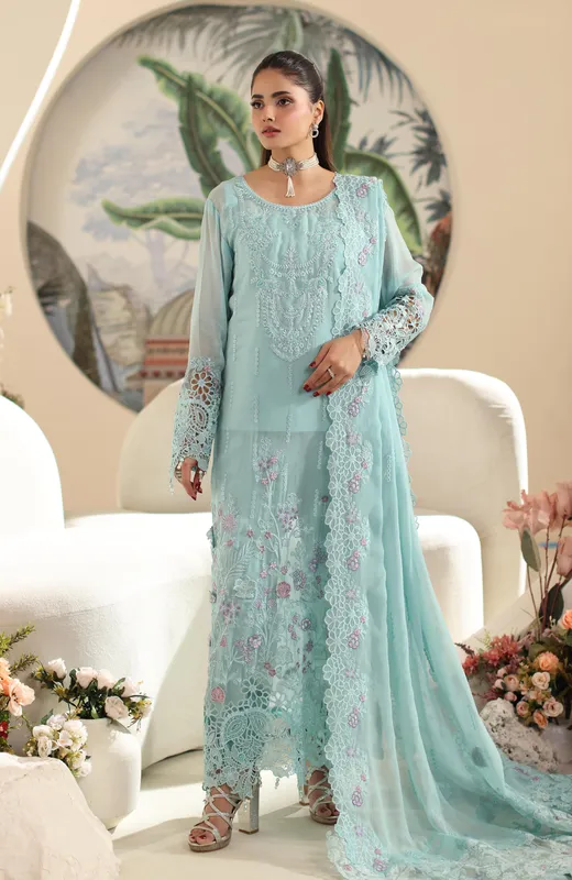 Ice blue embroidered formal suit with chiffon shirt, organza dupatta and silk trousers – view 1 – Poshaq