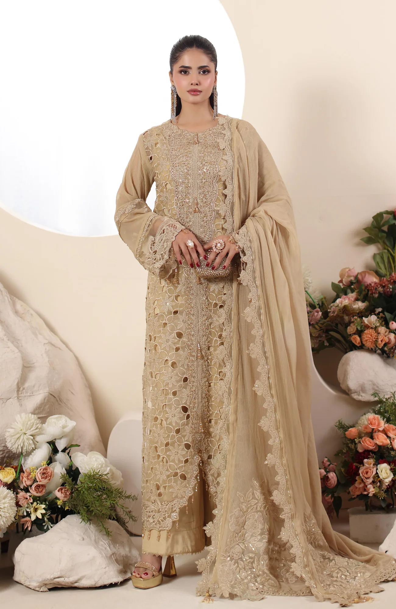 Beige three‑piece formal suit with organza shirt, chiffon dupatta and crepe trousers – view 1 – Poshaq