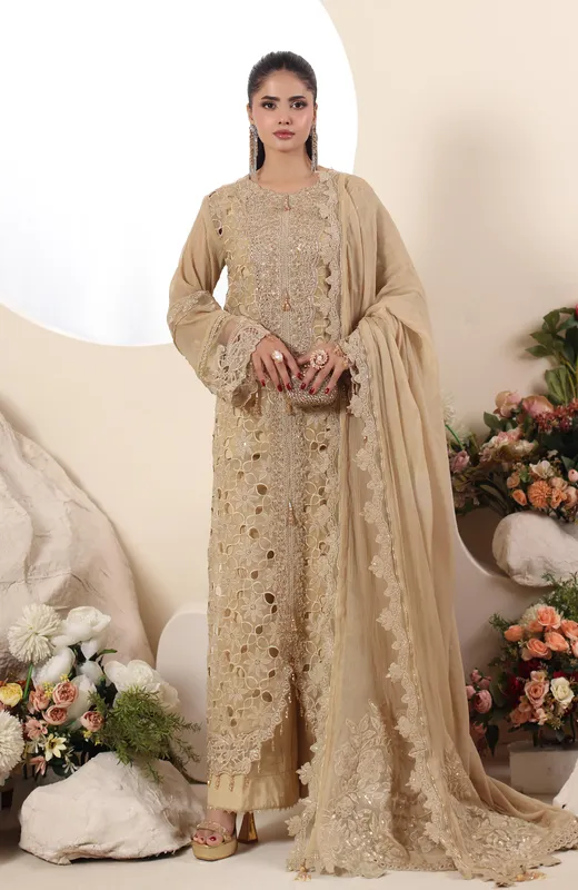 Beige three‑piece formal suit with organza shirt, chiffon dupatta and crepe trousers – view 1 – Poshaq
