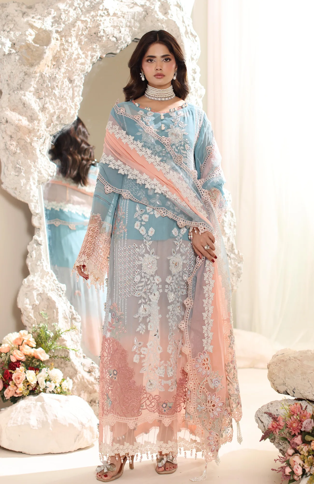 Blue formal three‑piece suit with embroidered shirt, organza dupatta and crepe trousers – view 1 – Poshaq